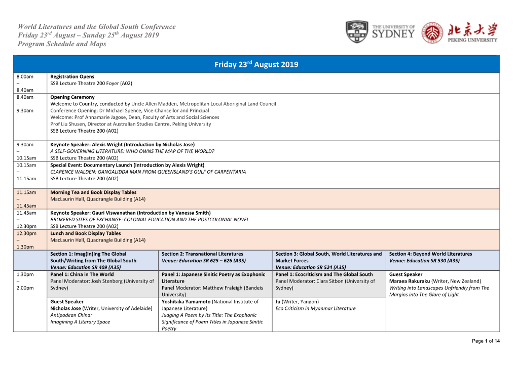 World Literatures and the Global South Conference Friday 23Rd August – Sunday 25Th August 2019 Program Schedule and Maps