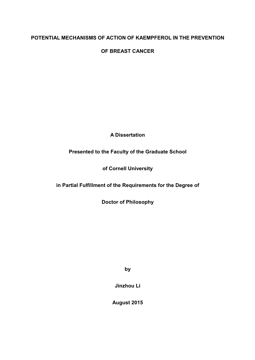 Potential Mechanisms of Action of Kaempferol in the Prevention