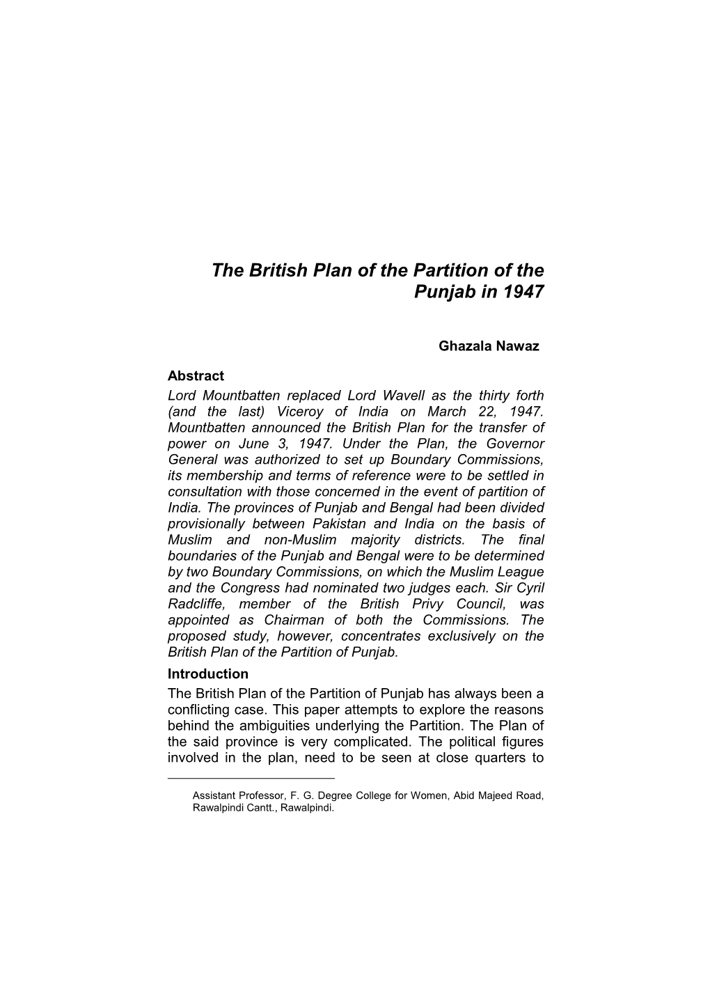 5 the British Plan of the Partition of the Punjab in 1947