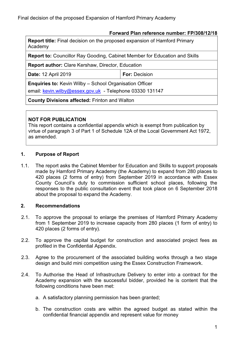 Final Decision of the Proposed Expansion of Hamford Primary Academy