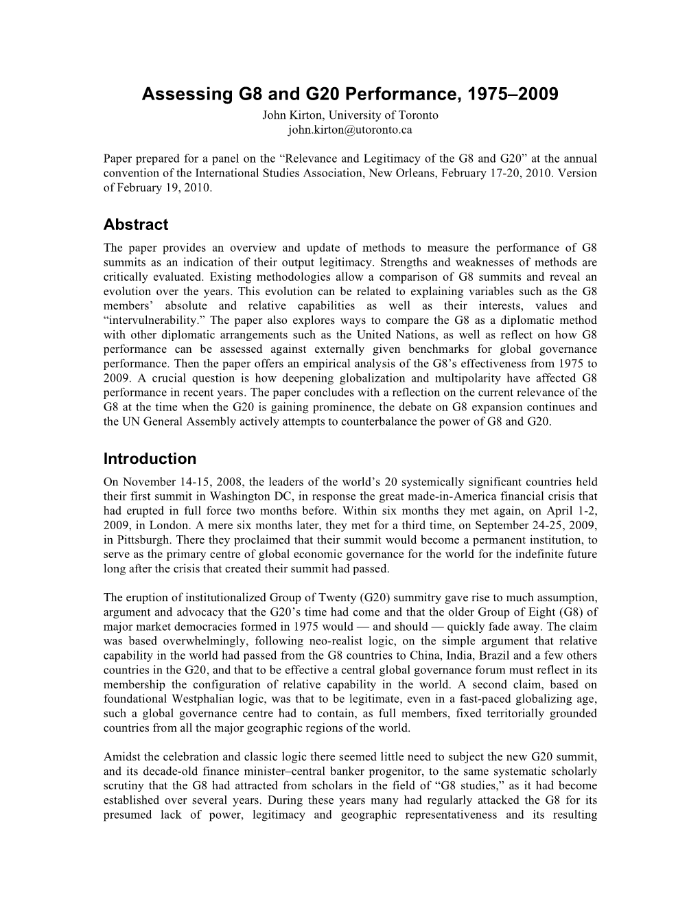 Assessing G8 and G20 Performance, 1975-2009