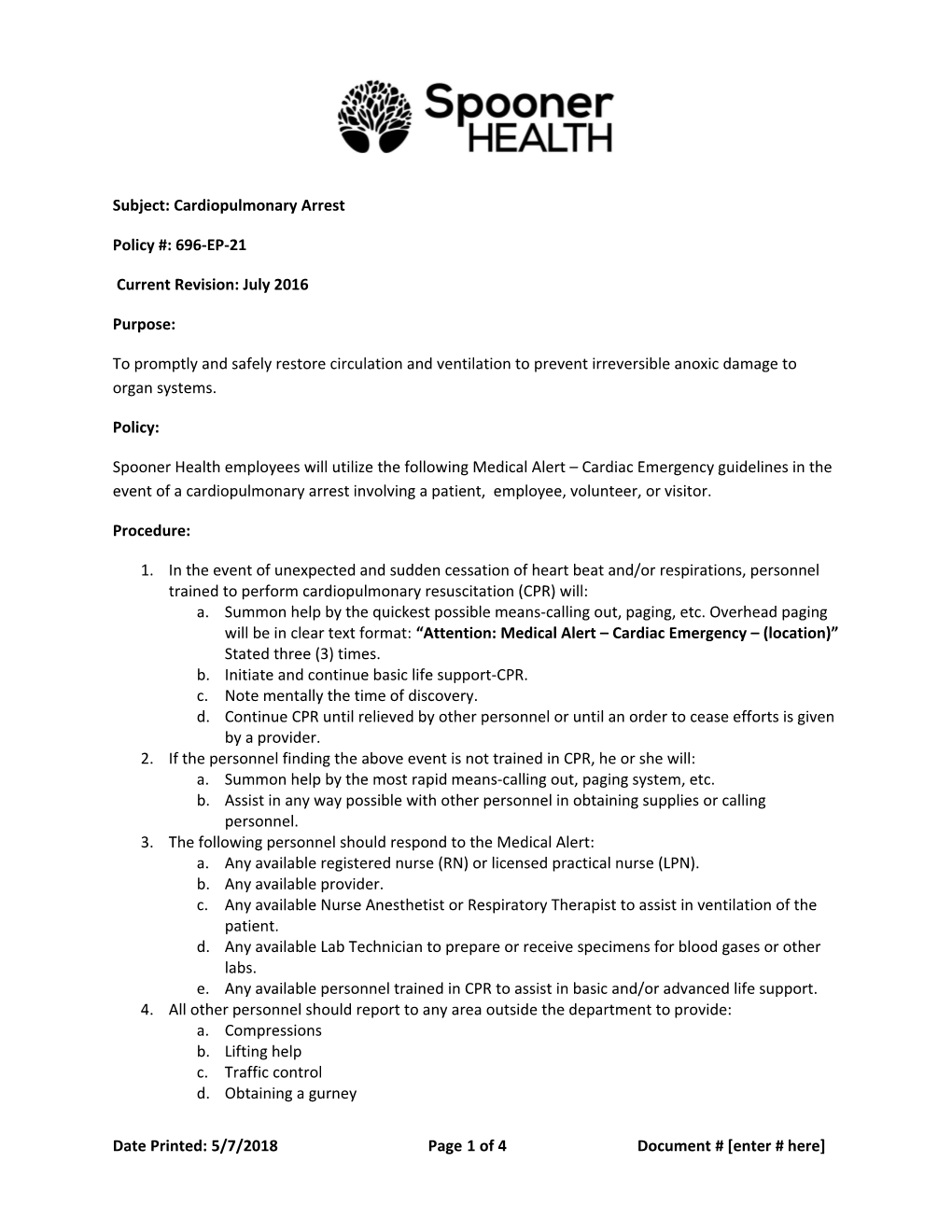 Subject: Cardiopulmonary Arrest