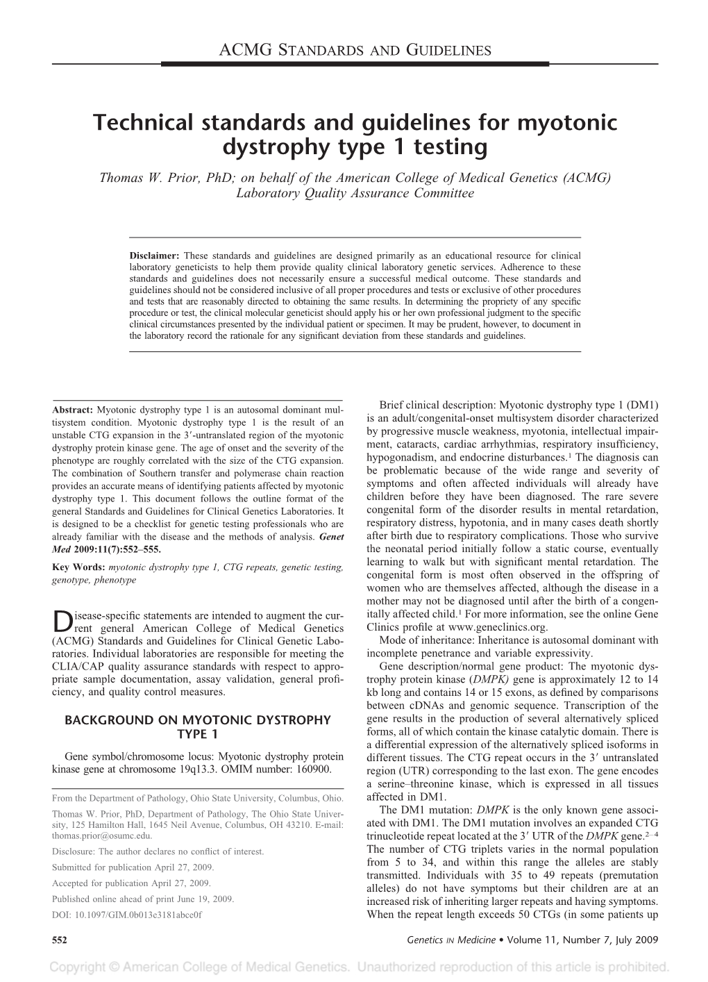 Technical Standards and Guidelines for Myotonic Dystrophy Type 1 Testing Thomas W