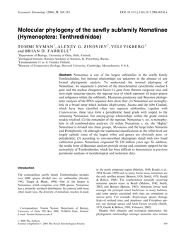 Molecular Phylogeny of the Sawfly Subfamily Nematinae (Hymenoptera: Tenthredinidae)