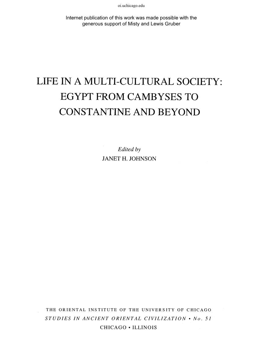 Life in a Multi-Cultural Society: Egypt from Cambyses to Constantine and Beyond
