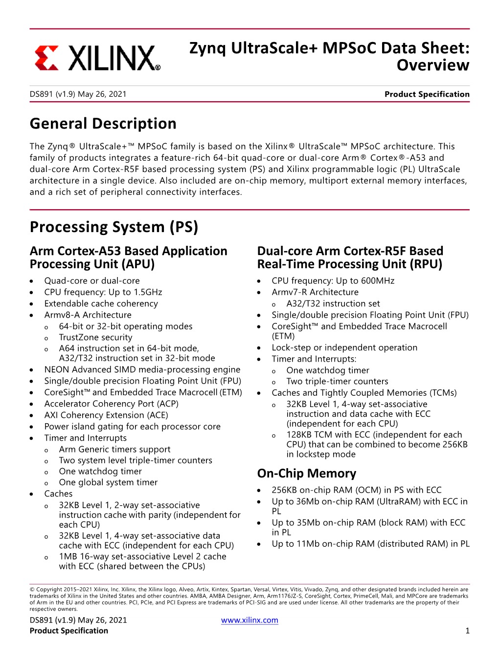 Zynq Ultrascale+ Mpsoc Data Sheet: Overview (DS891)