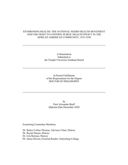 The National Negro Health Movement and the Fight to Control Public Health Policy in the African American Community, 1915-1950