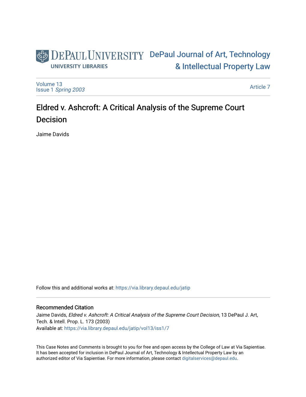 Eldred V. Ashcroft: a Critical Analysis of the Supreme Court Decision