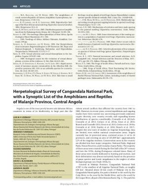 Herpetological Survey of Cangandala National Park, with a Synoptic List of the Amphibians and Reptiles of Malanje Province, Central Angola