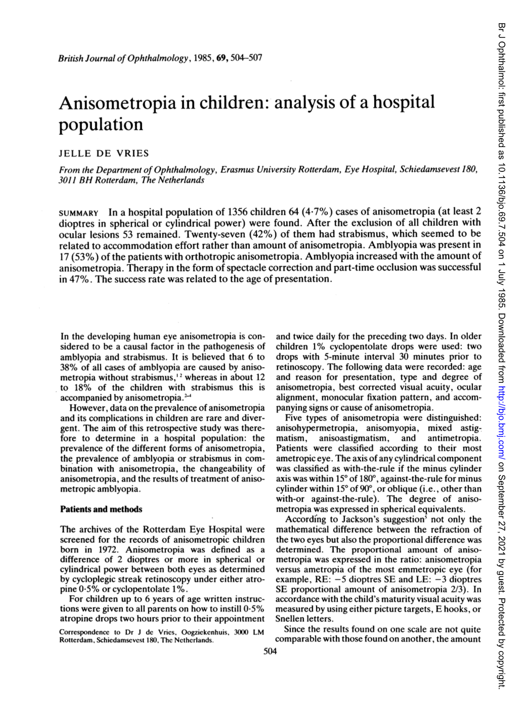 Anisometropia in Children: Analysis of a Hospital Population