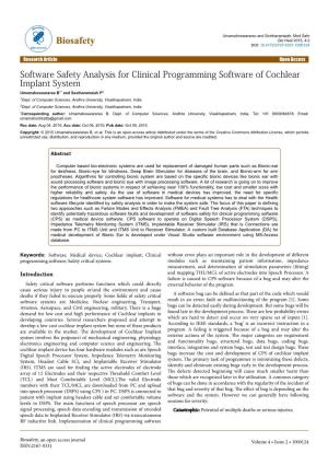 Software Safety Analysis for Clinical Programming Software of Cochlear Implant System Umamaheswararao B1* and Seetharamaiah P2 1Dept