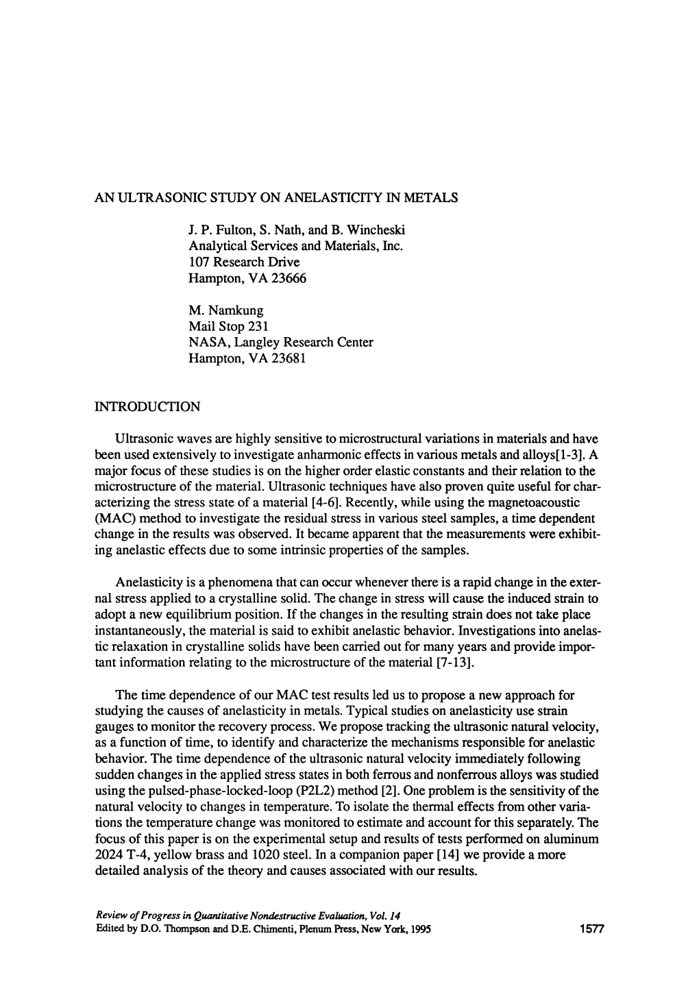 An Ultrasonic Study on Anelasticity in Metals