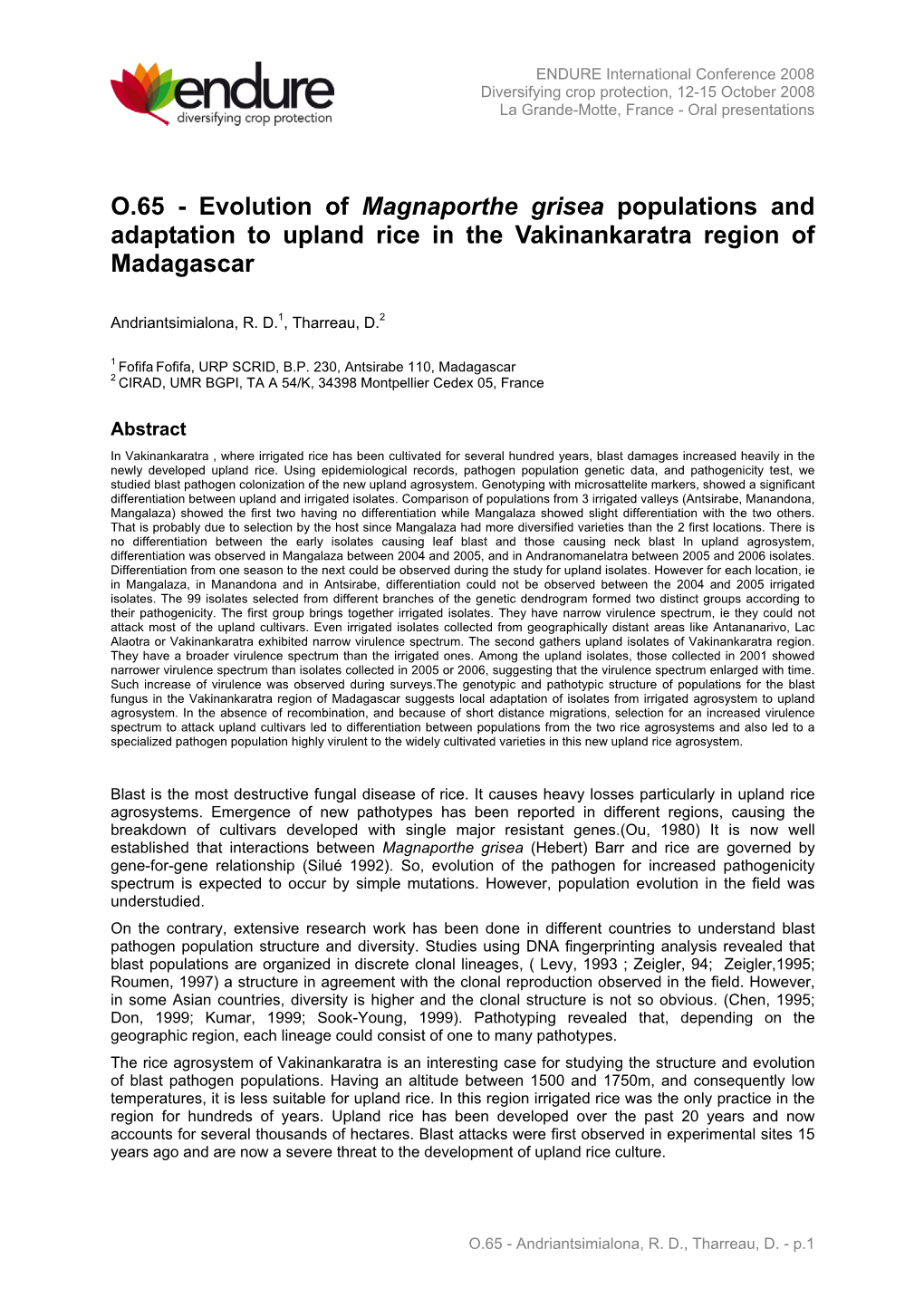 Adaptation and Evolution of Magnaporthe Grisea Population