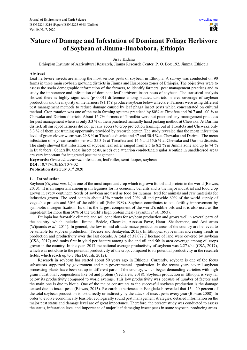 Nature of Damage and Infestation of Dominant Foliage Herbivore of Soybean at Jimma-Iluababora, Ethiopia