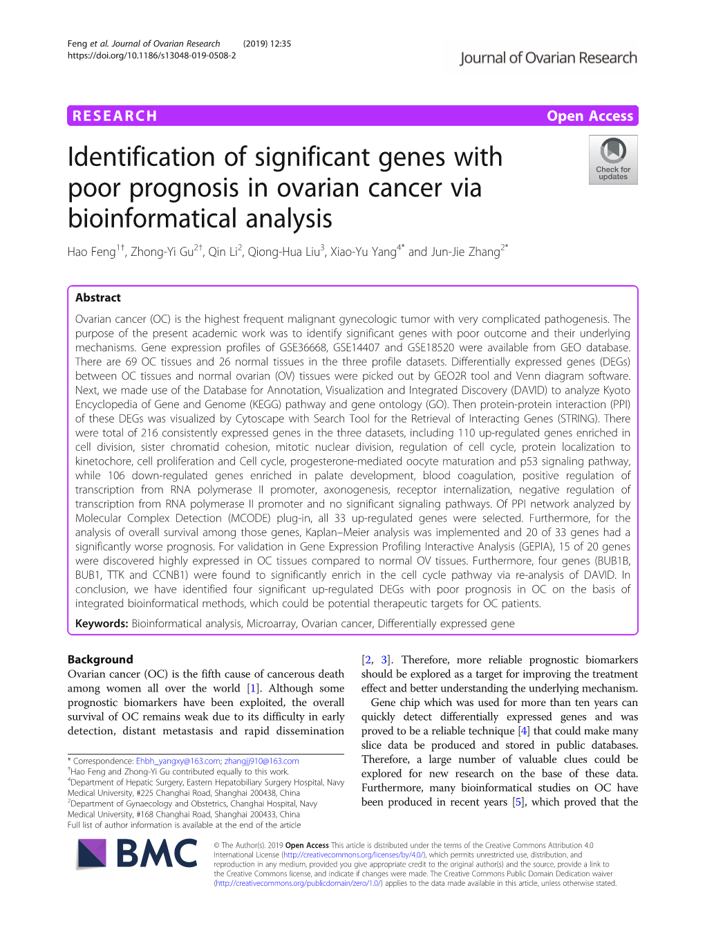 Identification of Significant Genes with Poor Prognosis in Ovarian Cancer Via Bioinformatical Analysis