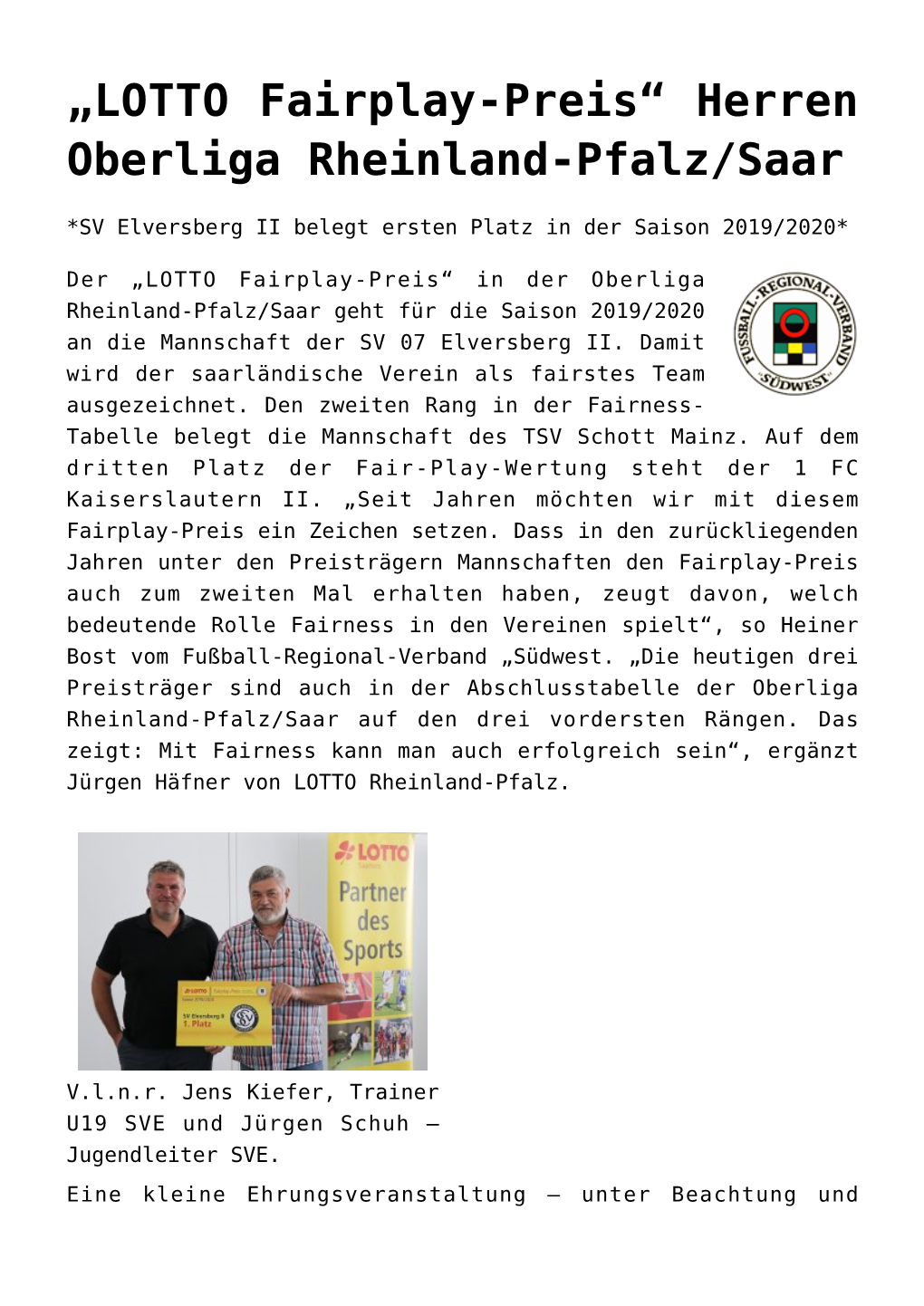 „LOTTO Fairplay-Preis“ Herren Oberliga Rheinland-Pfalz/Saar