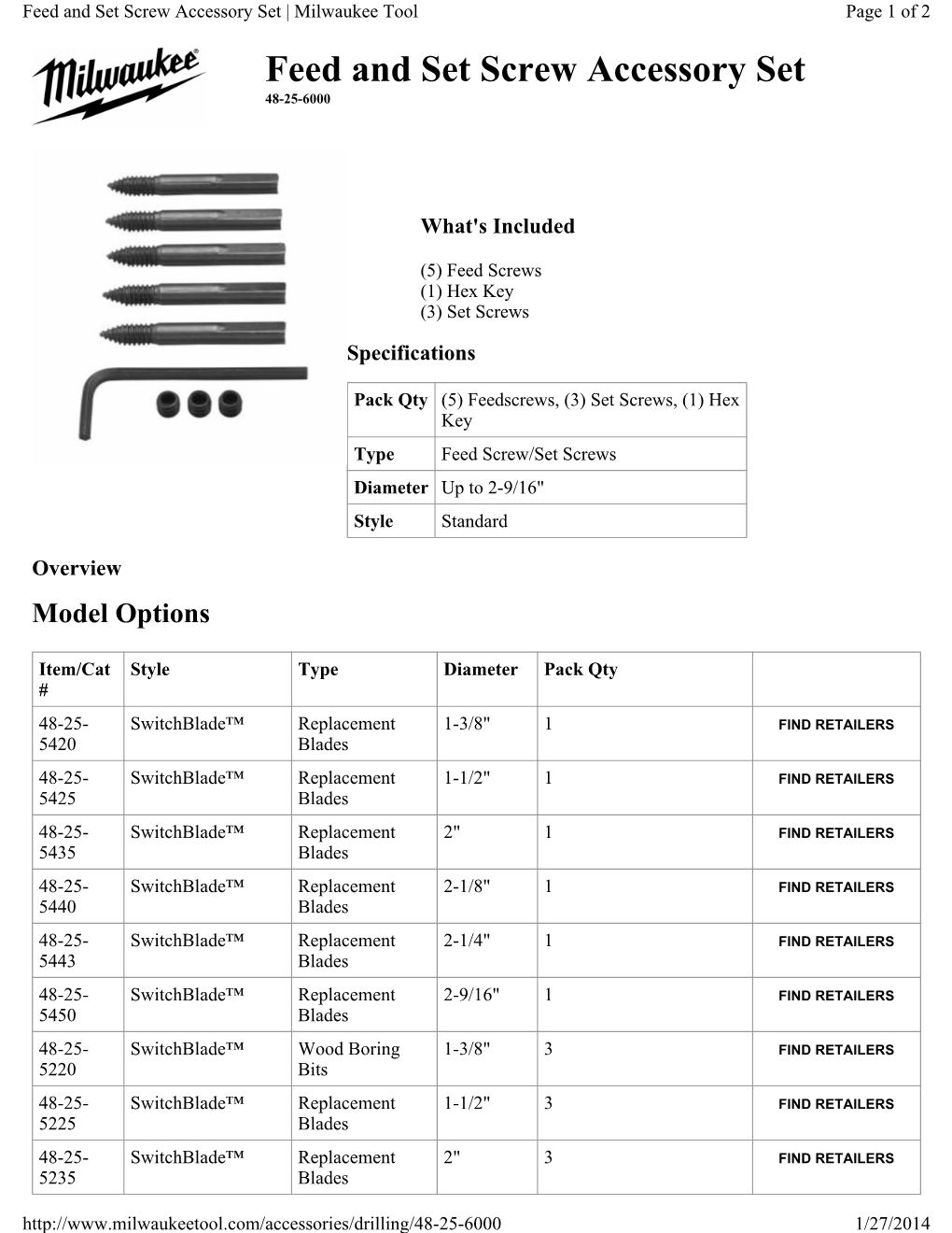 Feed and Set Screw Accessory Set | Milwaukee Tool Page 1 of 2 Feed and Set Screw Accessory Set 48-25-6000