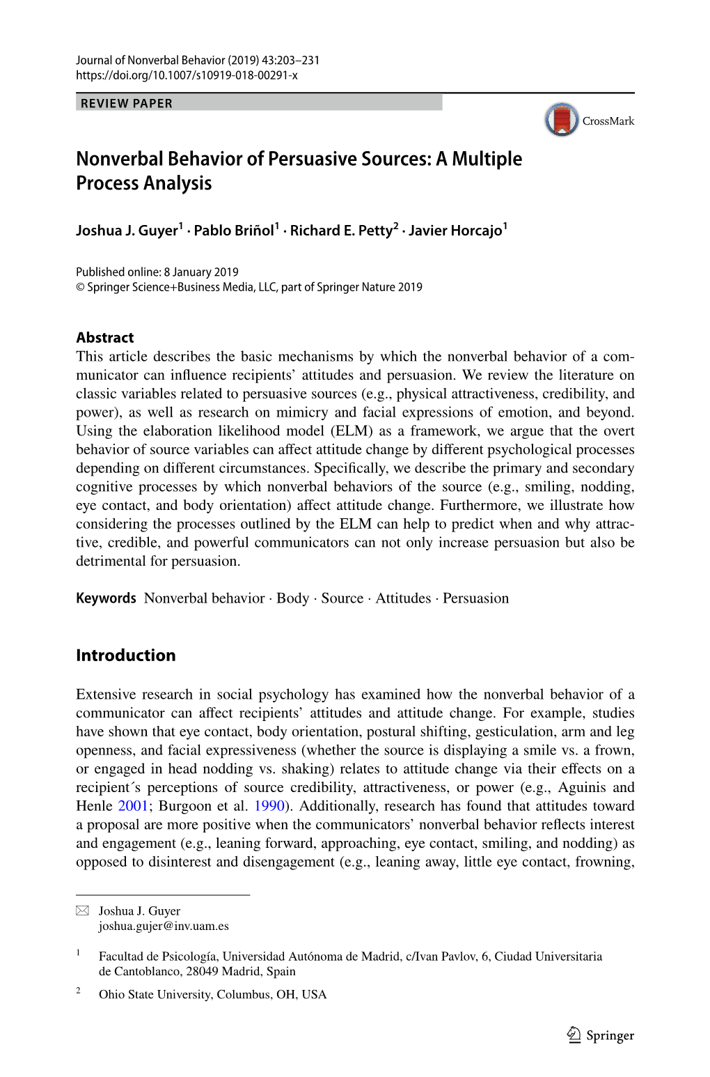 Nonverbal Behavior of Persuasive Sources: a Multiple Process Analysis