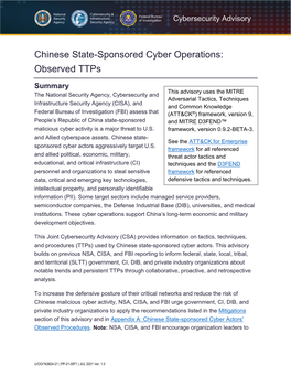 Chinese State-Sponsored Cyber Operations: Observed Ttps
