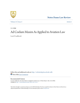 Ad Coelum Maxim As Applied to Aviation Law Lora D
