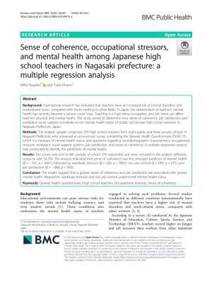 Sense of Coherence, Occupational Stressors, and Mental Health Among Japanese High School Teachers in Nagasaki Prefecture: a Mult