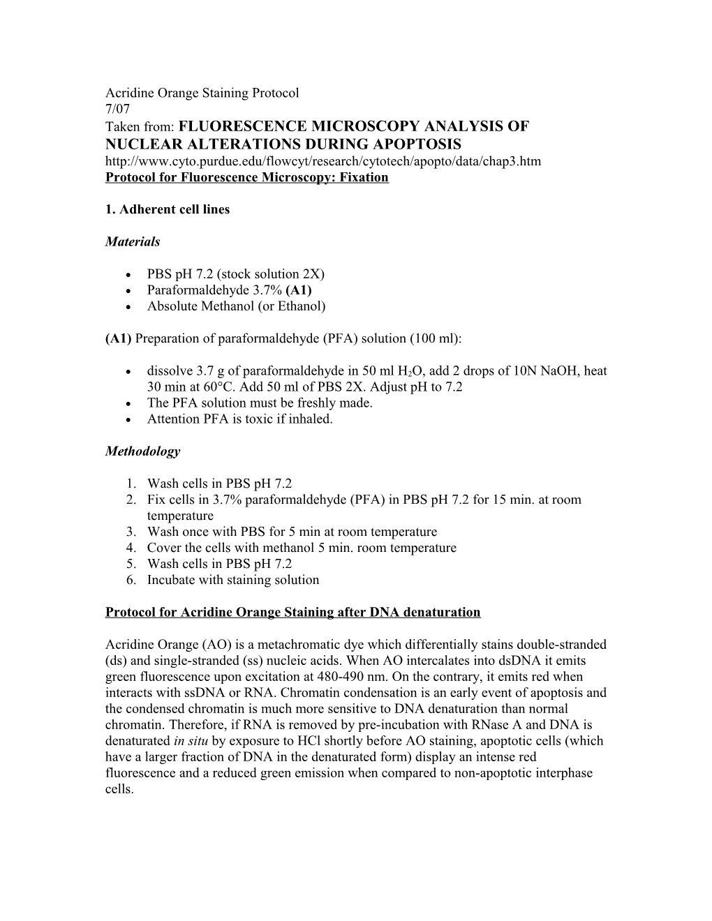 Acridine Orange Staining Protocol