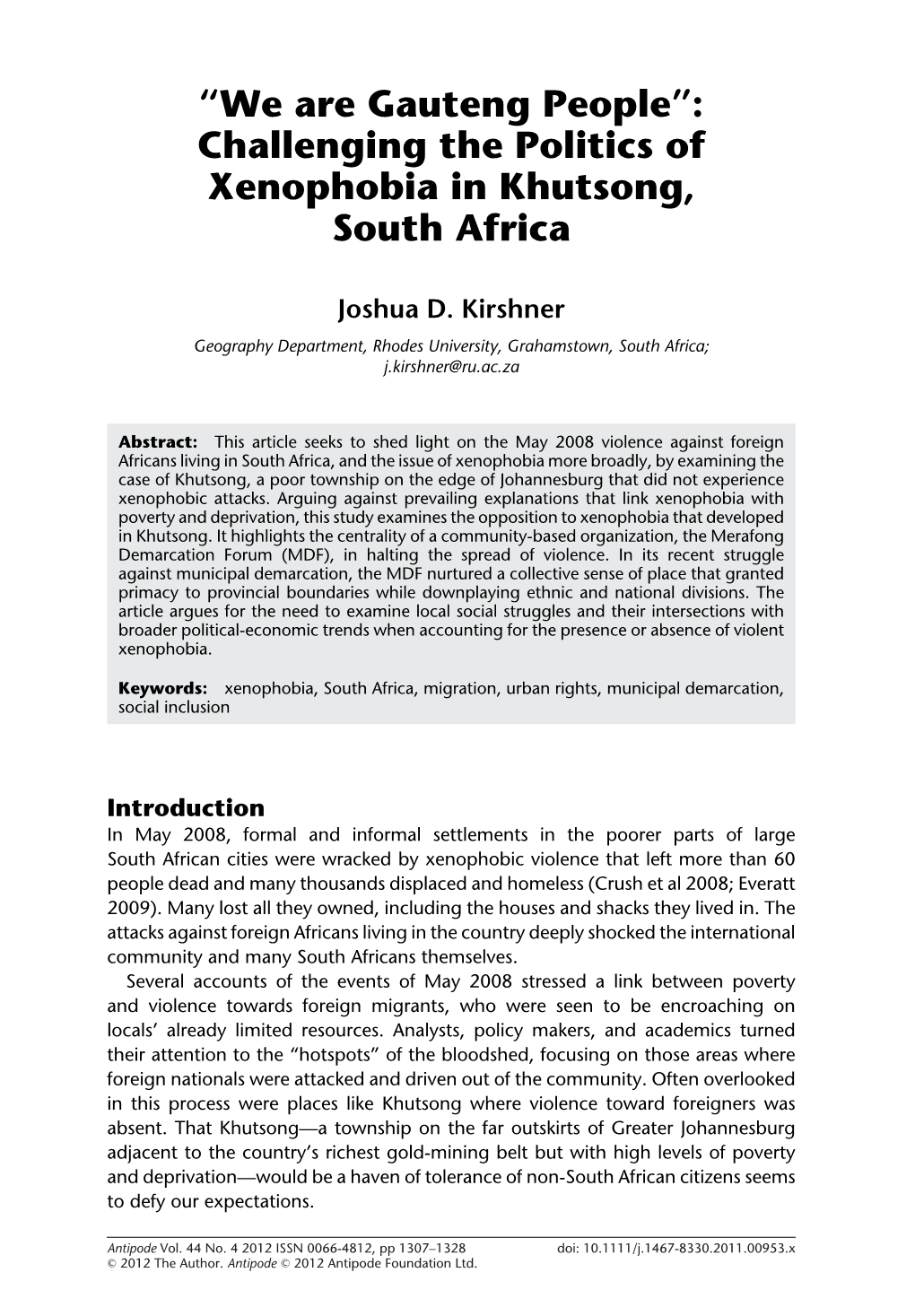 Challenging the Politics of Xenophobia in Khutsong, South Africa