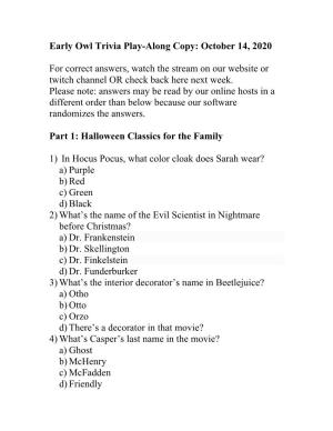 Early Owl Trivia Play-Along Copy: October 14, 2020 for Correct