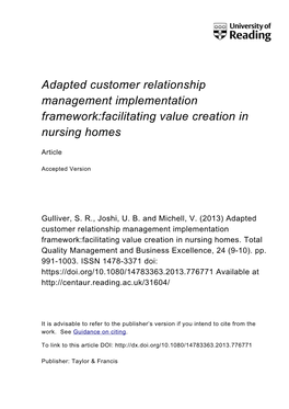 Adapted Customer Relationship Management Implementation Framework:Facilitating Value Creation in Nursing Homes