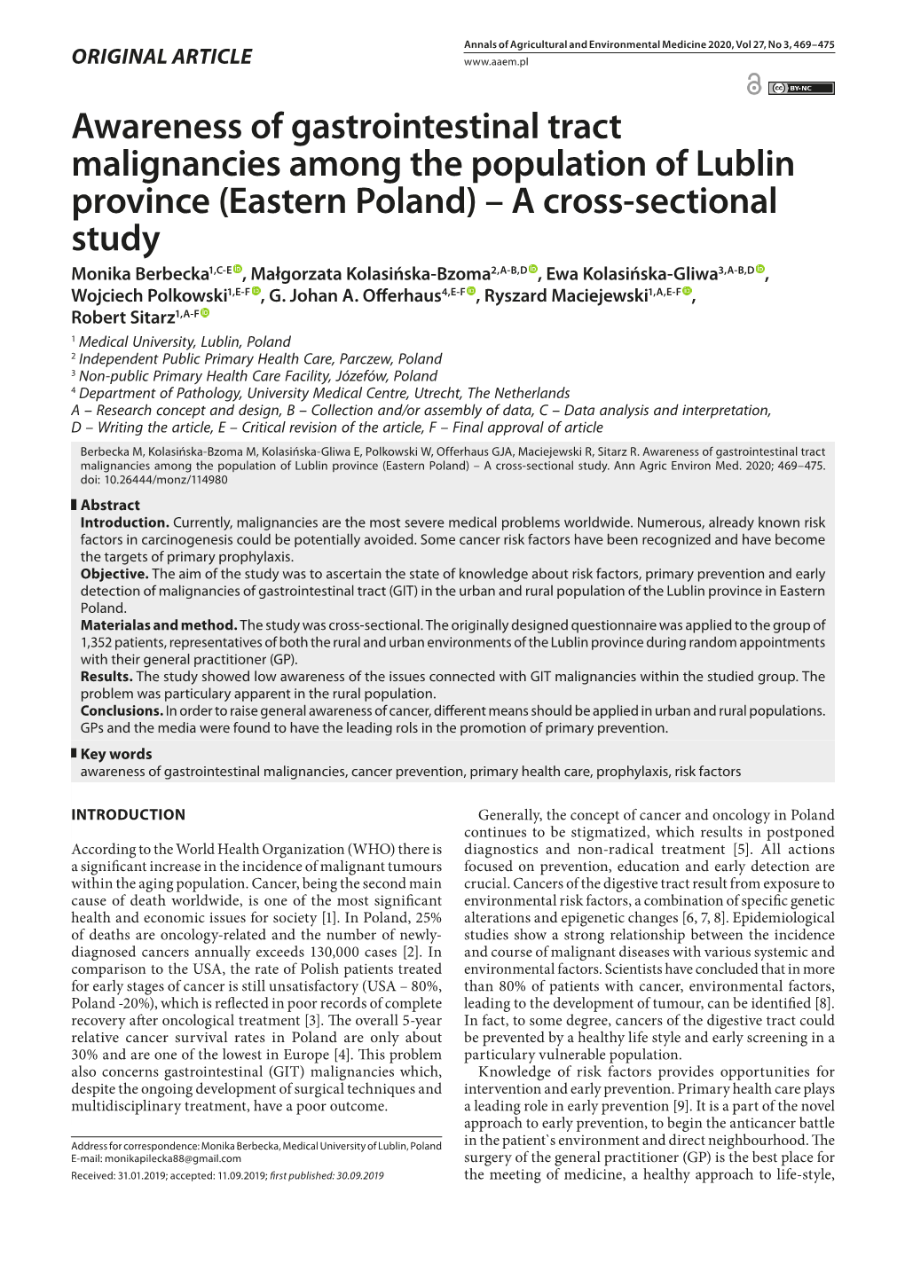 Awareness of Gastrointestinal Tract Malignancies Among the Population of Lublin Province (Eastern Poland) – a Cross-Sectional Study