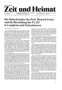 Die Hubschrauber Des Prof. Henrich Focke Und Die Herstellung Der Fa 223 in Laupheim Und Ochsenhausen