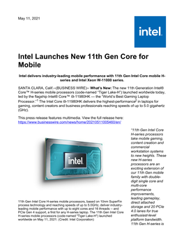 Intel Launches New 11Th Gen Core for Mobile
