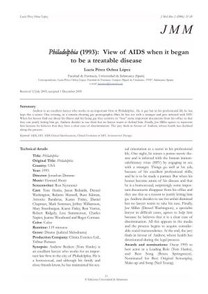 Philadelphia (1993): View of AIDS When It Began to Be a Treatable Disease Lucia Pérez Ochoa López Facultad De Farmacia