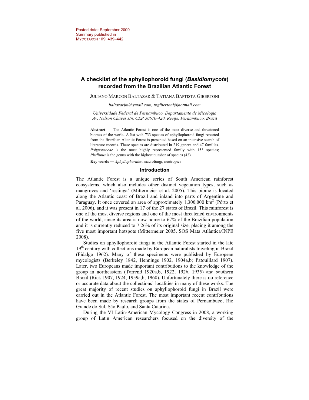 A Checklist of the Aphyllophoroid Fungi (Basidiomycota) Recorded from the Brazilian Atlantic Forest