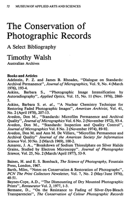 The Conservation of Photographic Records a Select Bibliography Timothy Walsh Australian Archives