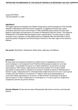 Britain and the Emergence of the Socialist Republic of Macedonia 1942-1946: Conspiracy Theory Or Chaos Theory?