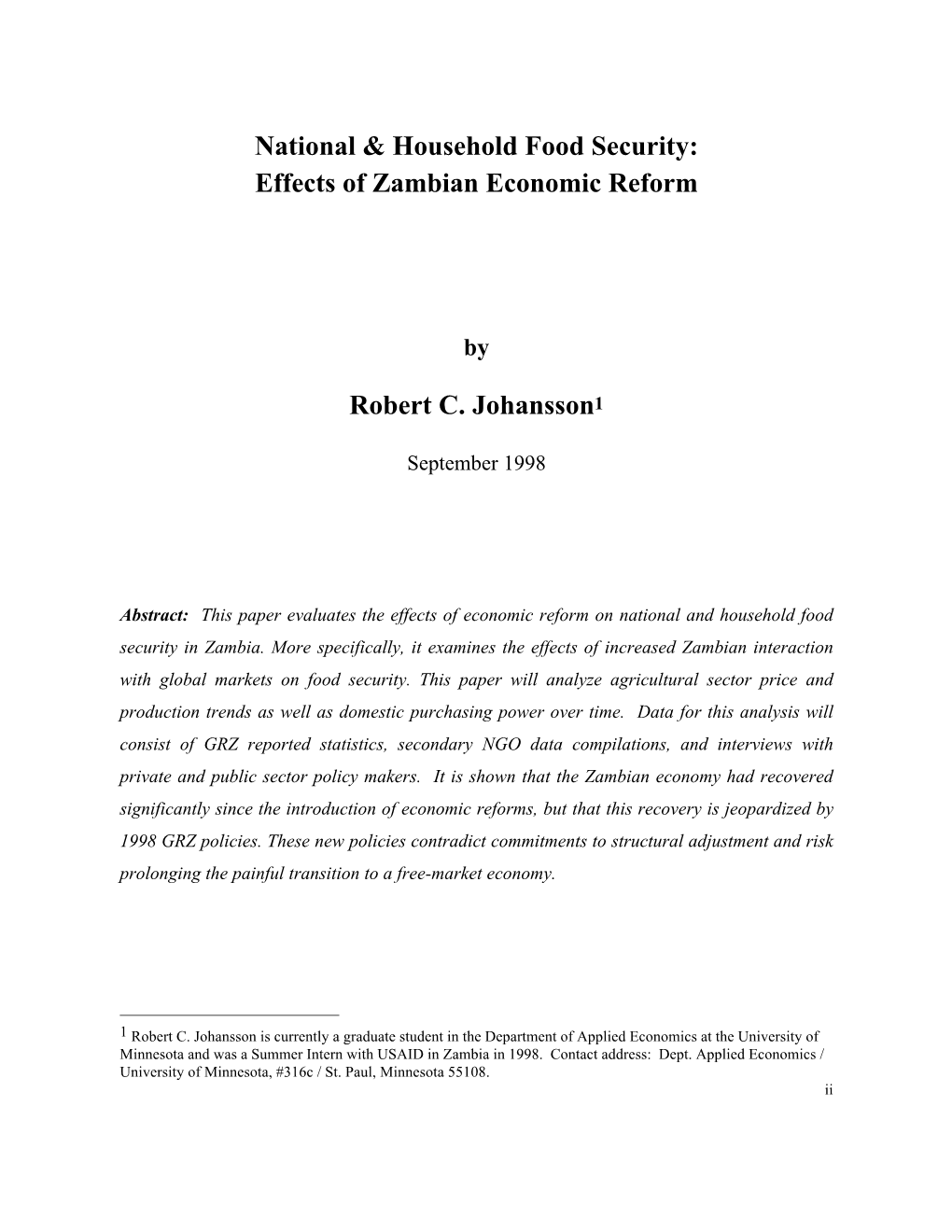 Effects of Zambian Economic Reform Robert C. Johansson1