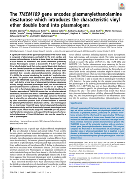 The TMEM189 Gene Encodes Plasmanylethanolamine Desaturase Which Introduces the Characteristic Vinyl Ether Double Bond Into Plasmalogens