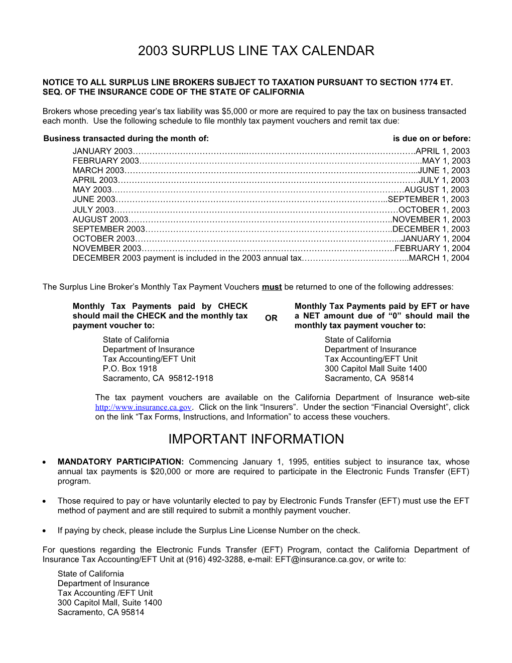 2001 Surplus Line Tax Calendar s1