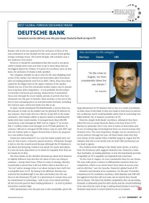 DEUTSCHE BANK Consistent Service Delivery Over the Year Keeps Deutsche Bank on Top in FX
