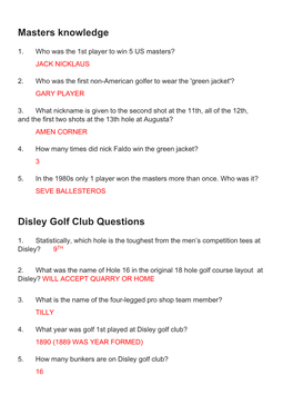 Masters Knowledge Disley Golf Club Questions