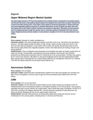 Upper Midwest Region Market Update Urea Ammonium