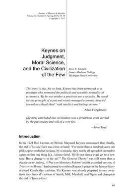 Keynes on Judgment, Moral Science, and the Civilization of The