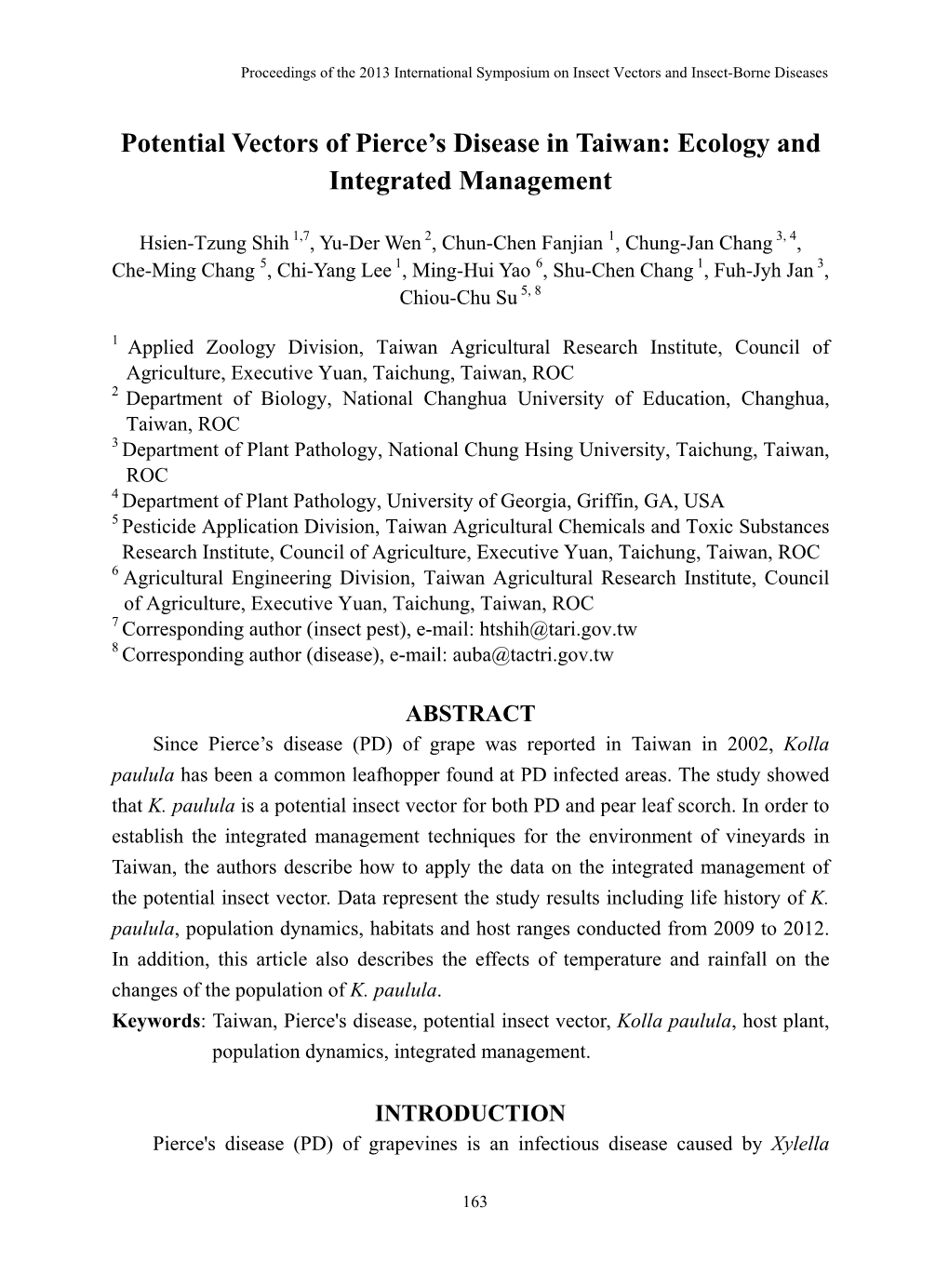 Potential Vectors of Pierce's Disease in Taiwan: Ecology and Integrated Management