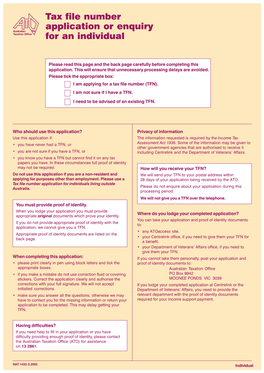 Tax File Number Application Or Enquiry for an Individual