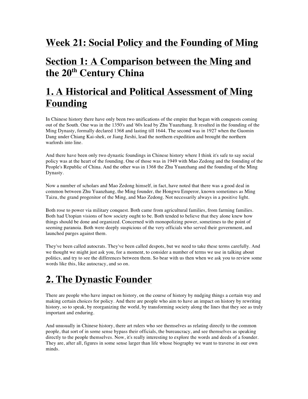 Week 21: Social Policy and the Founding of Ming Section 1: a Comparison Between the Ming and the 20Th Century China 1. a Histori