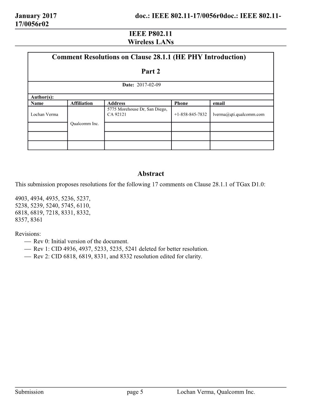 This Submission Proposes Resolutions for the Following 17 Comments on Clause 28.1.1 Of