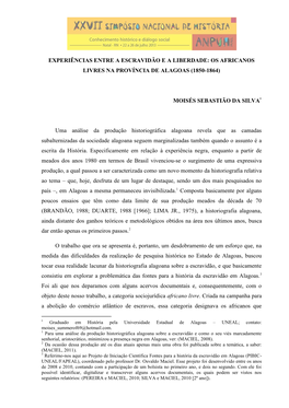 Os Africanos Livres Na Província De Alagoas (1850-1864) Moisés