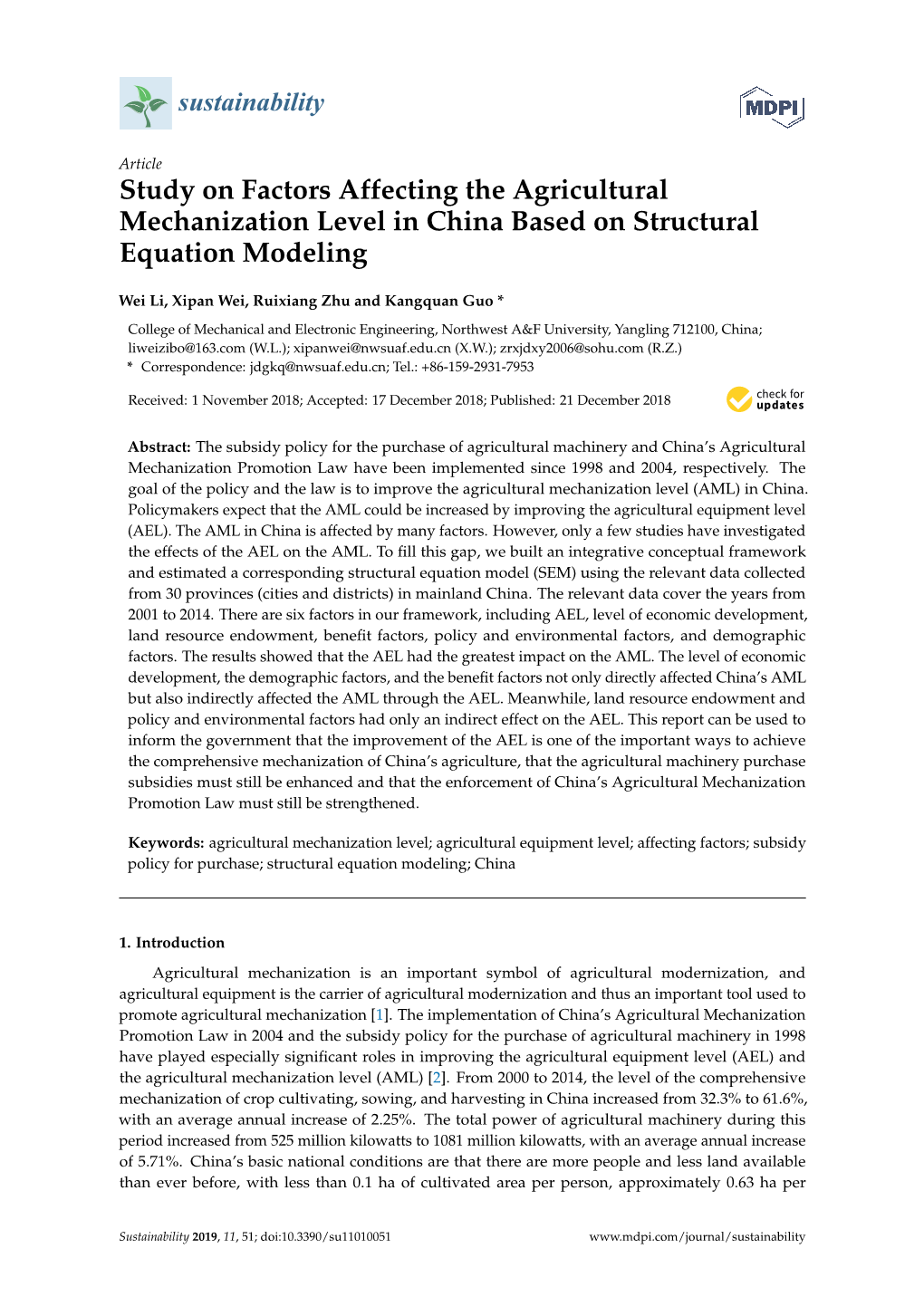 Study on Factors Affecting the Agricultural Mechanization Level in China Based on Structural Equation Modeling