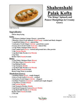 Shahenshahi Palak Kofta 'The Kings' Spinach and Paneer Dumplings in Creamy Gravy